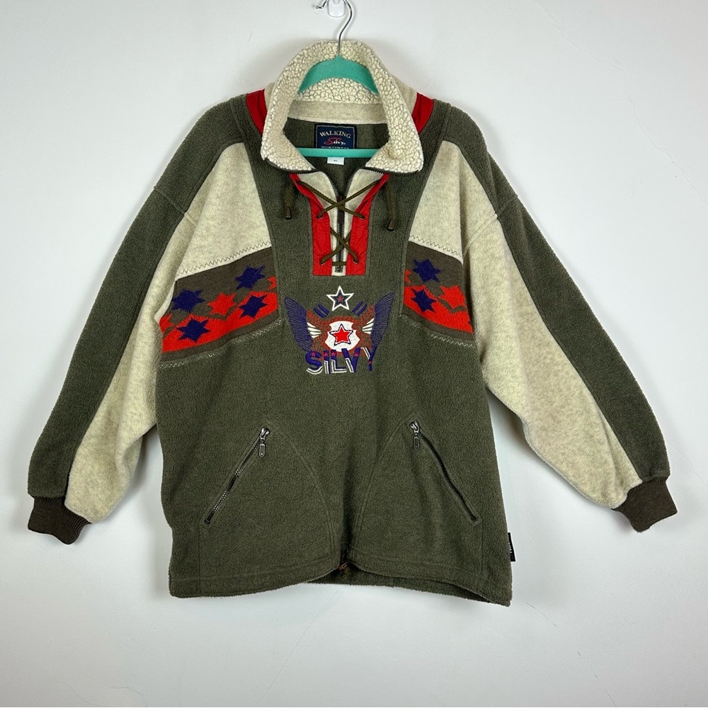 Vtg Men’s 1990’s Silvy Walking Fleece XL: Southwestern Aztec Wool Alpaca Retro